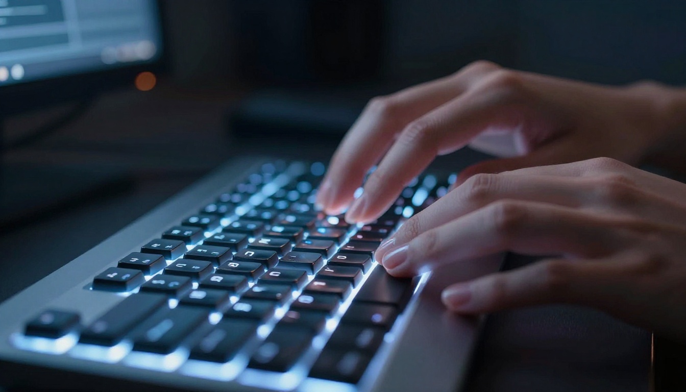 Close-up of elegant feminine hands on glowing backlit mechanical keyboard with blue monitor light reflections