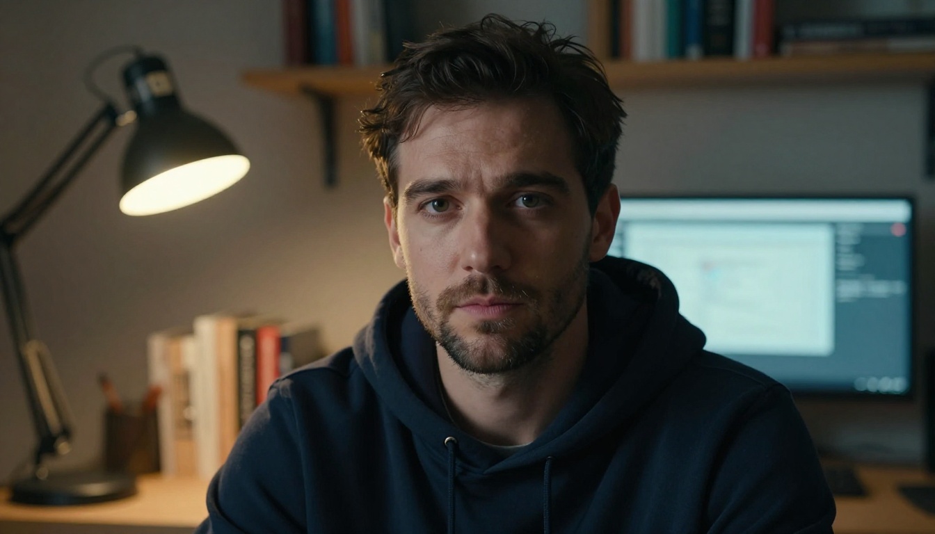 Close-up portrait of a confident developer in a home office with dramatic warm and cool split lighting