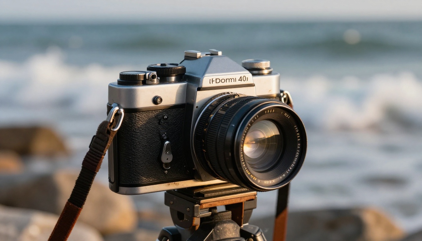 Close-up of a vintage film camera on a tripod with ocean waves in the background Close-up of a vintage film camera on a tripod with ocean waves in the background
