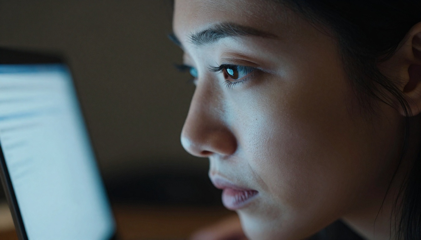 Woman's face illuminated by laptop screen in dramatic chiaroscuro lighting