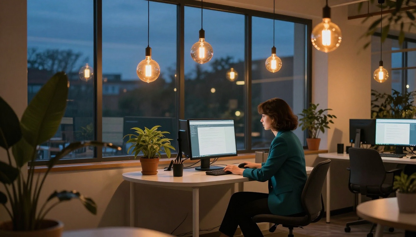 Woman in a teal blazer working at a curved white desk in a co-working space at dusk with warm amber lighting