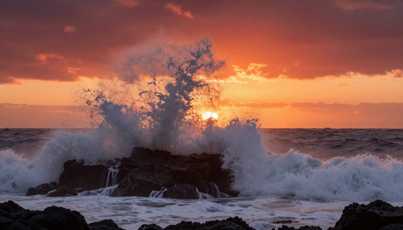 Dramatic ocean waves crashing against volcanic rocks at sunset Dramatic ocean waves crashing against volcanic rocks at sunset