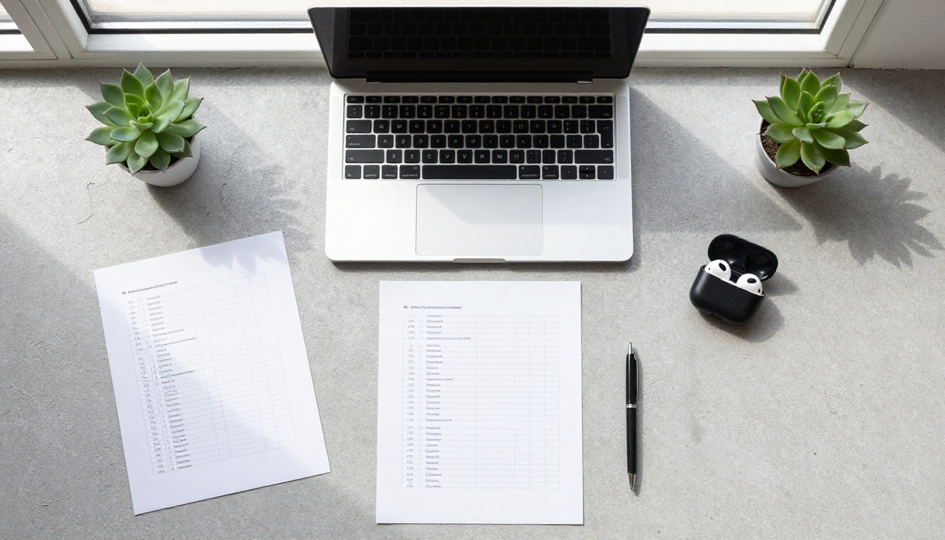 Tech workspace flat lay with laptop, printed comparison page, and minimal accessories