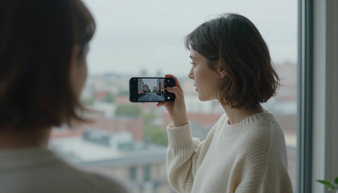 Young woman holding a smartphone showing a cinematic AI video at a window Young woman holding a smartphone showing a cinematic AI video at a window
