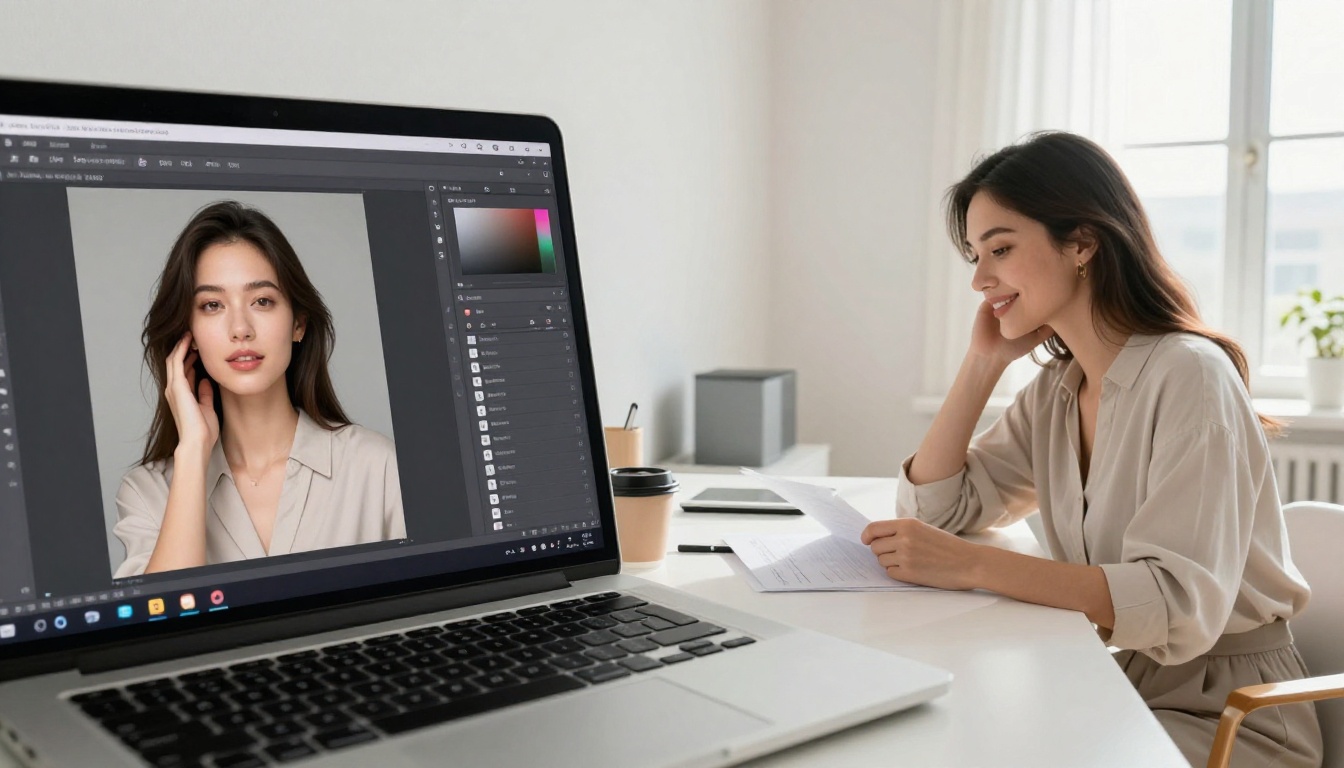Woman reviewing AI-generated images on laptop in bright minimalist home studio, morning light Woman reviewing AI-generated images on laptop in bright minimalist home studio, morning light