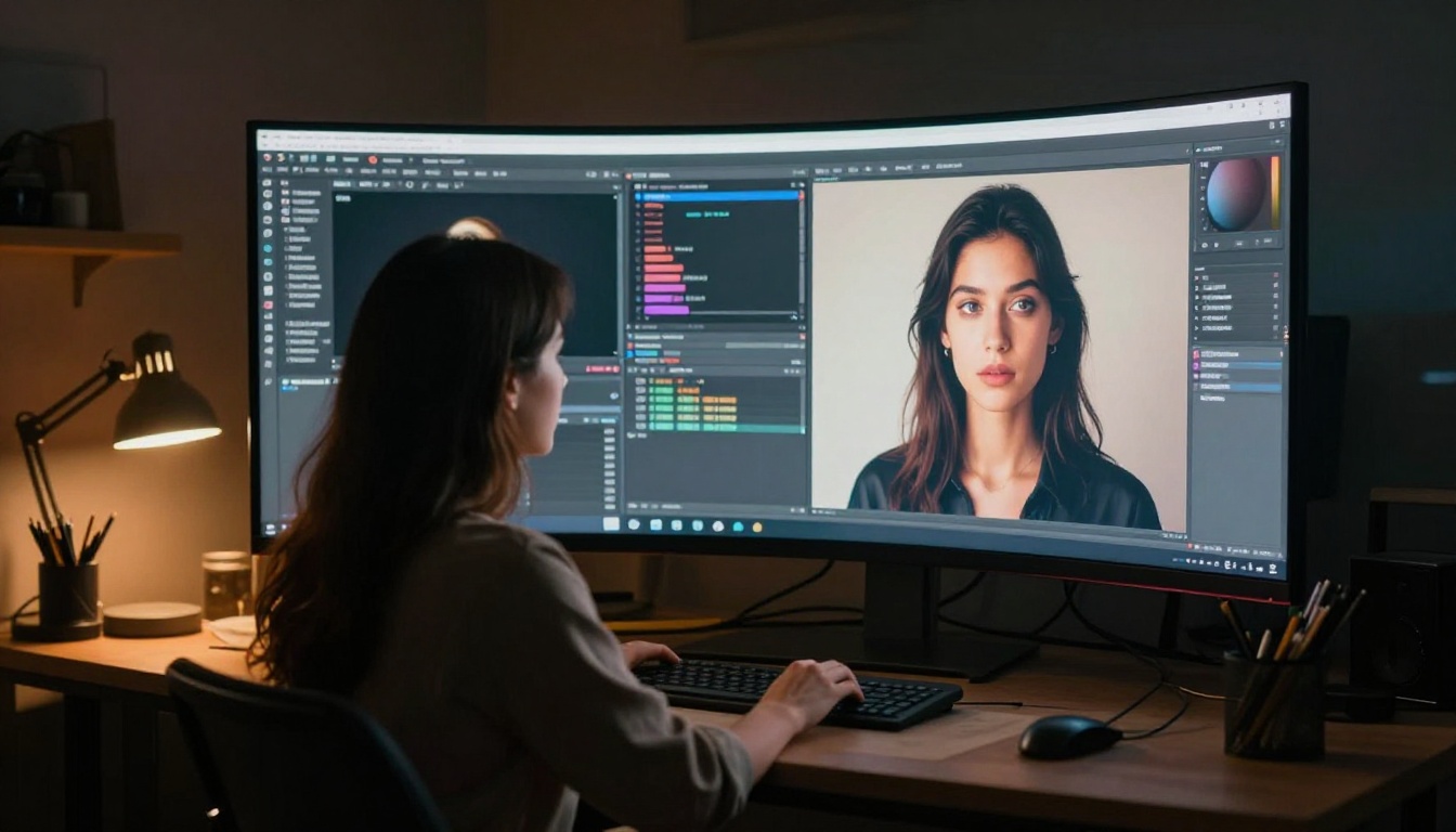AI creative professional reviewing generated artwork on ultrawide monitor in moody studio