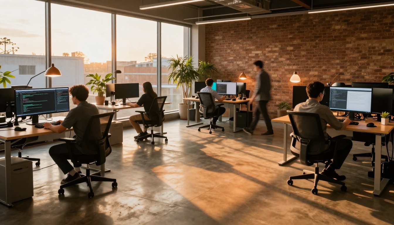 Contemporary open-plan technology office with developers