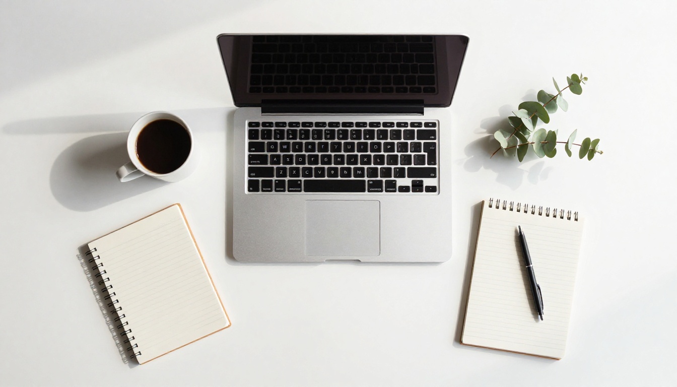 Clean minimal workspace flat-lay overhead view with laptop and coffee