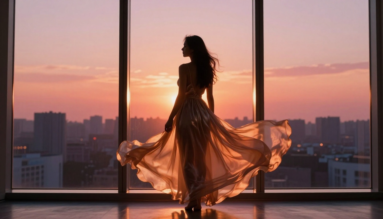 Artistic silhouette of woman in flowing silk dress against golden sunset light through floor-to-ceiling windows