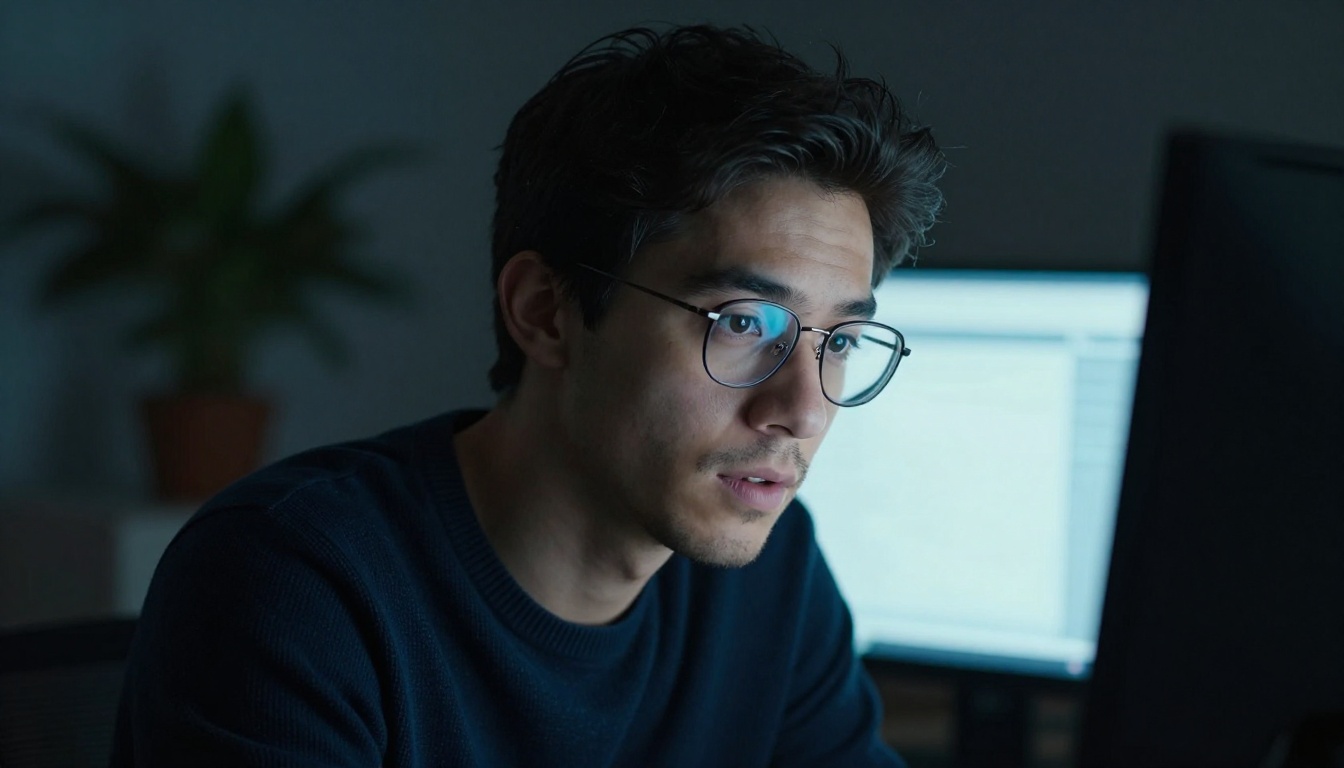 Developer with glasses absorbed by screen glow in dark office