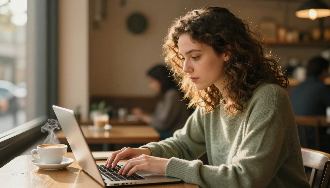 Young woman working on laptop in sunlit cafe with coffee