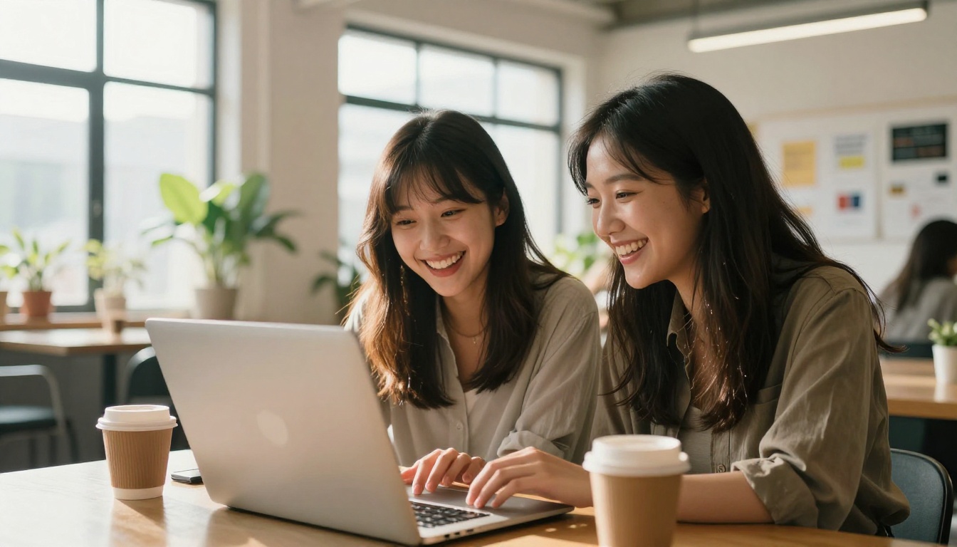 Two creative women laughing while reviewing AI-generated artwork on laptop in bright modern co-working space