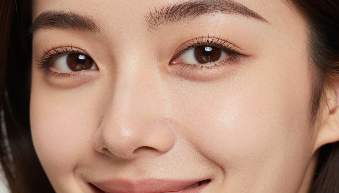 Extreme close-up beauty portrait with natural makeup, perfect catchlights and photographic skin texture detail