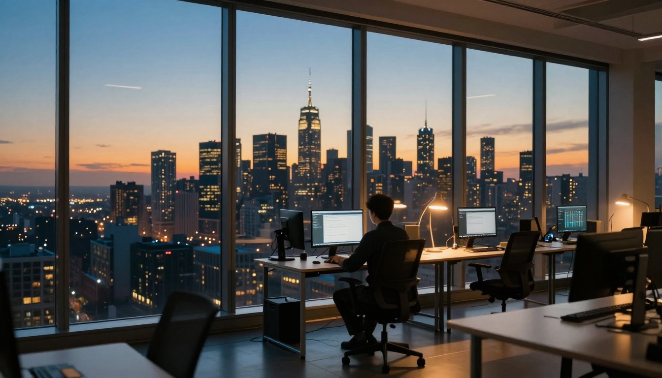 Developer at desk with city skyline at golden hour dusk