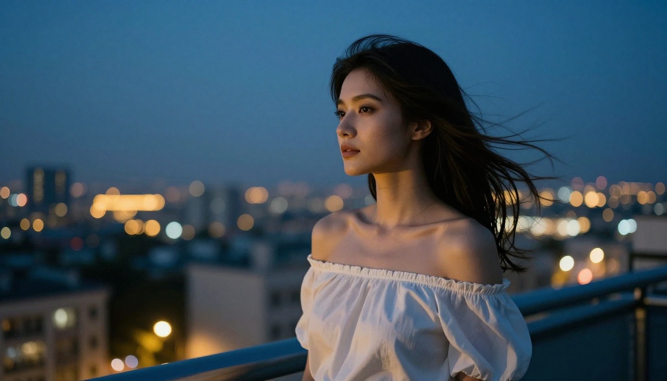 Woman in elegant off-shoulder top on rooftop terrace at blue hour with glowing warm city bokeh background