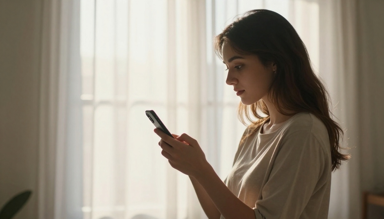 Young woman reading smartphone content beside bright window