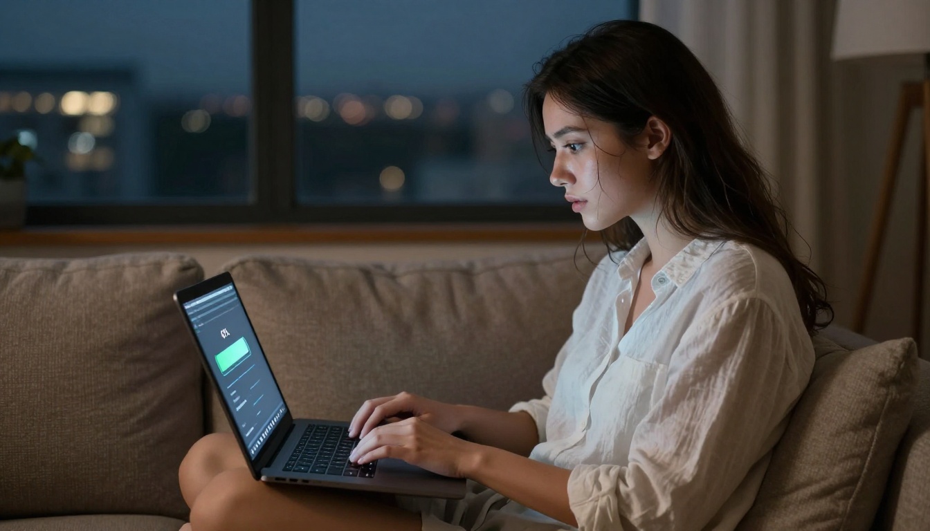 A woman waiting for AI video generation to complete on her laptop A woman waiting for AI video generation to complete on her laptop