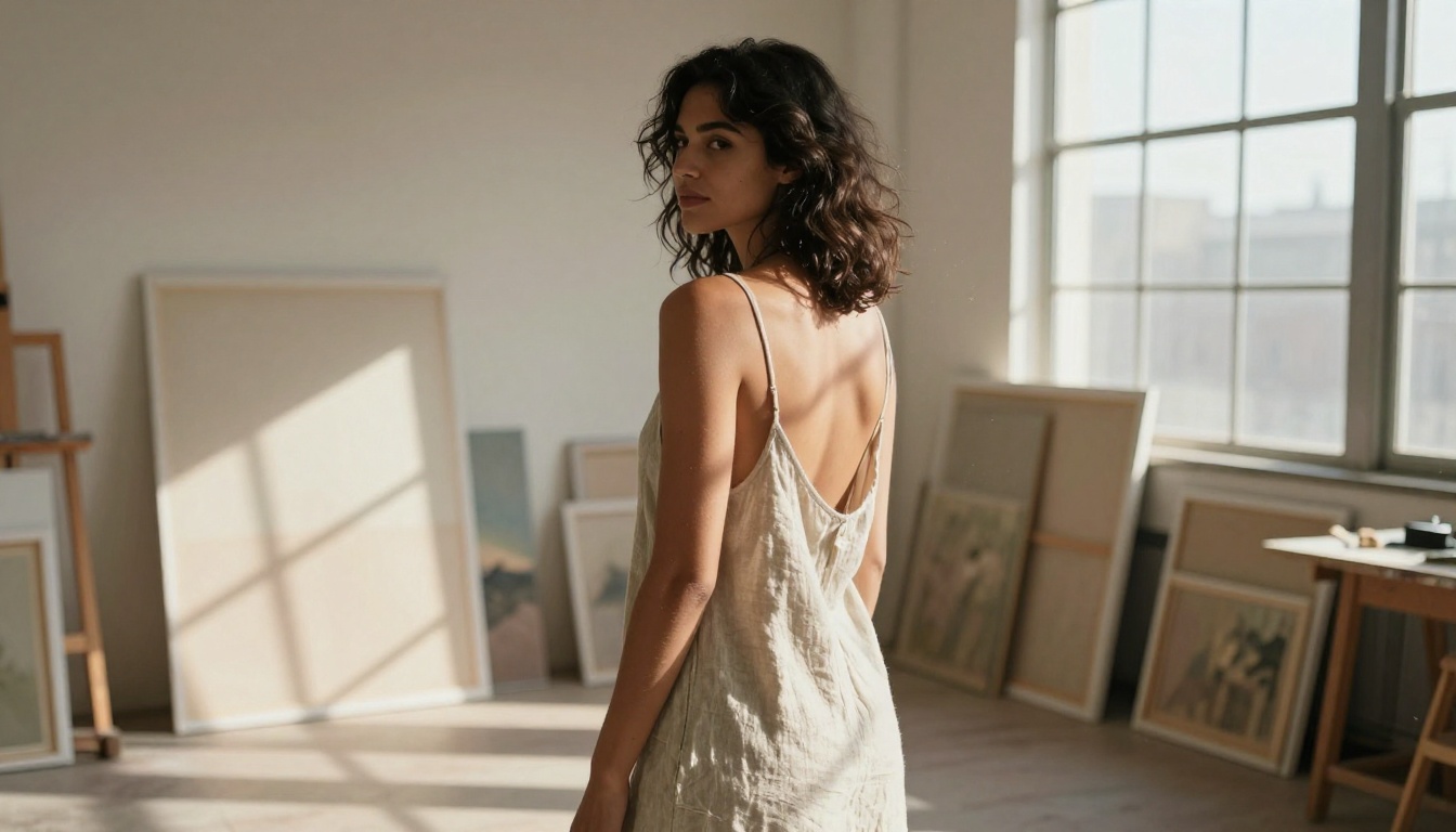 An artistic photorealistic portrait of a woman in a sunlit art studio