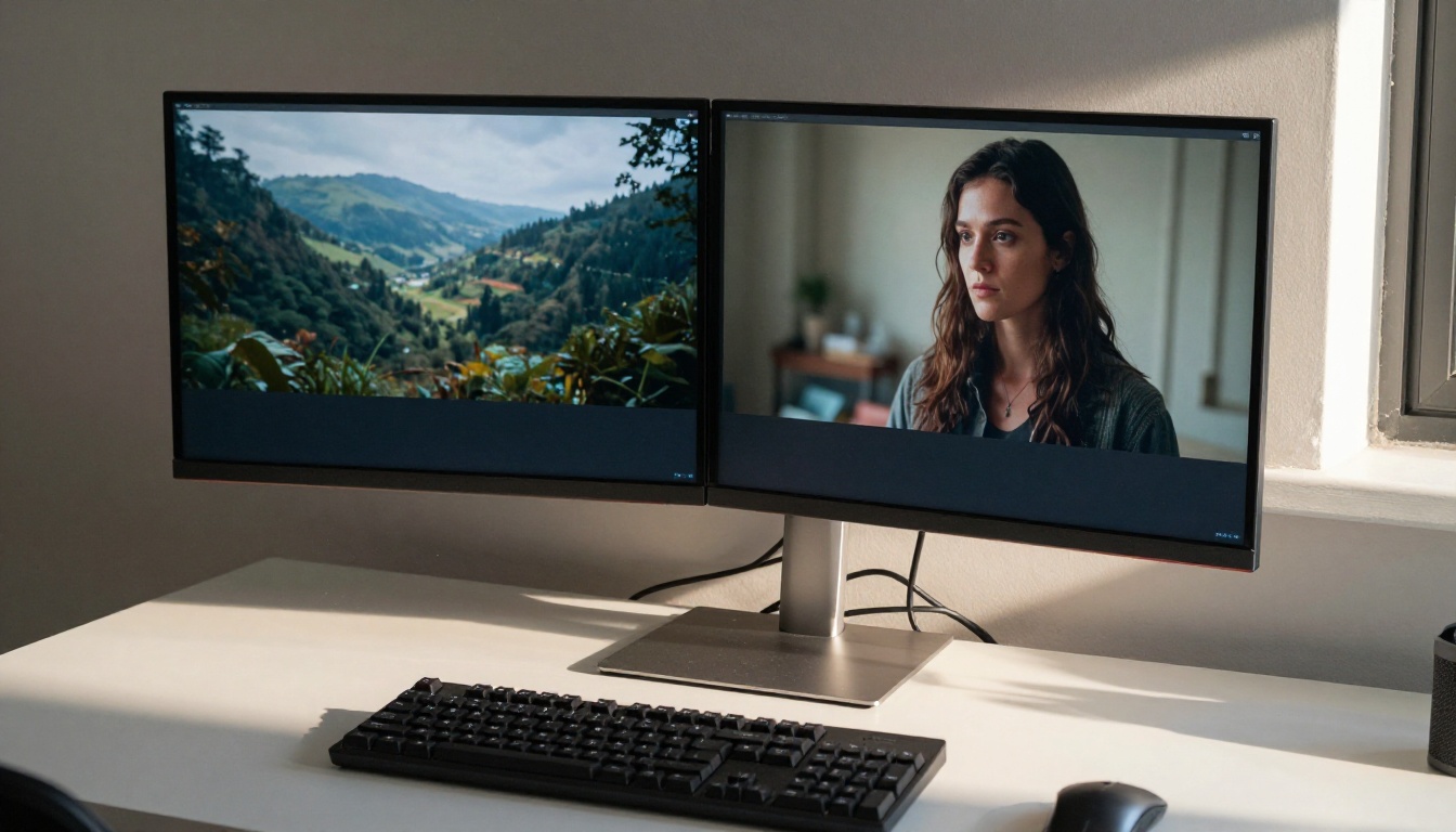 A monitor showing split-screen comparison of AI video outputs A monitor showing split-screen comparison of AI video outputs