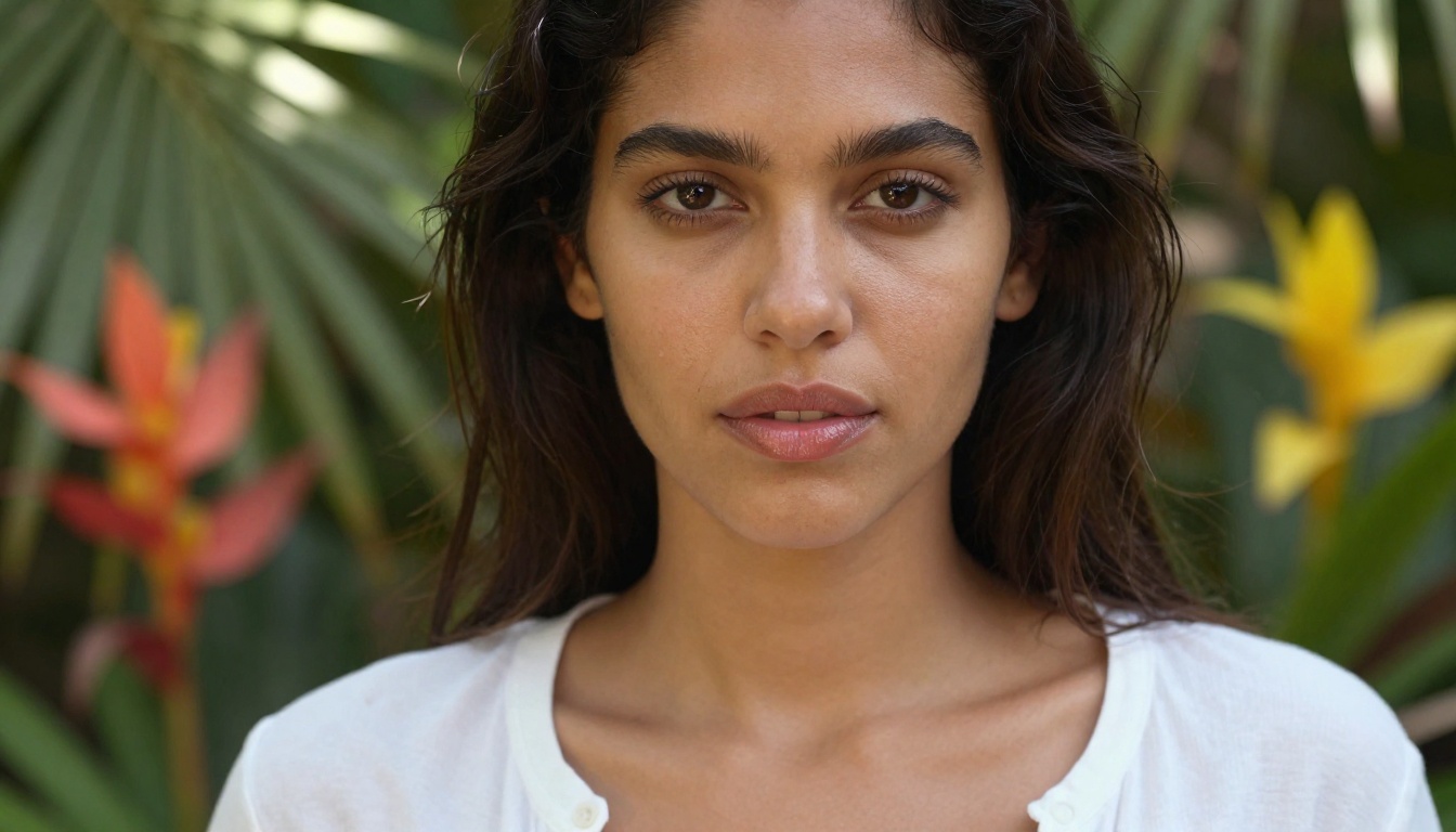 Close-up portrait of a woman with natural South American features in a tropical garden