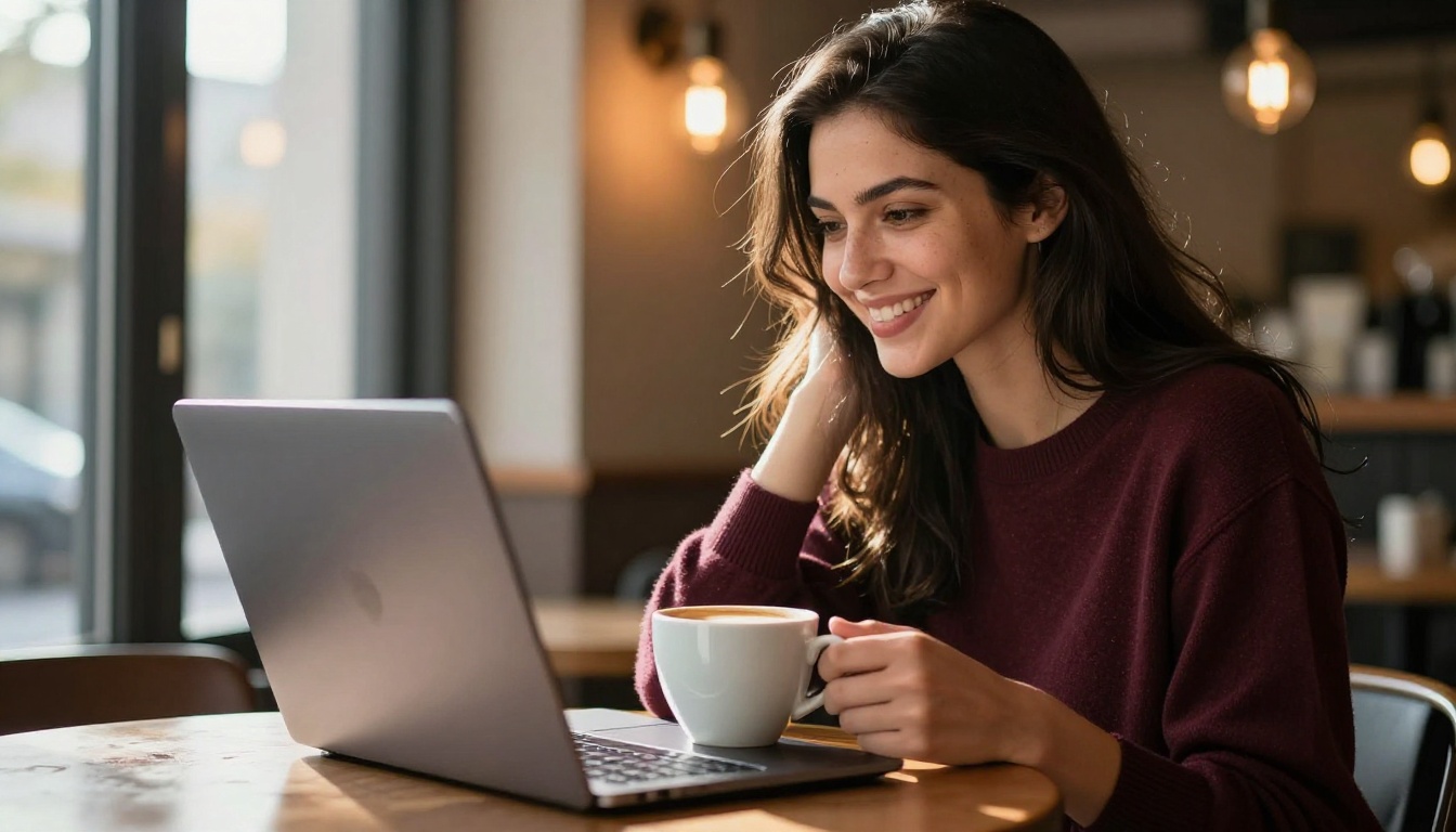 A woman smiling at her laptop while creating AI content at a cafe A woman smiling at her laptop while creating AI content at a cafe