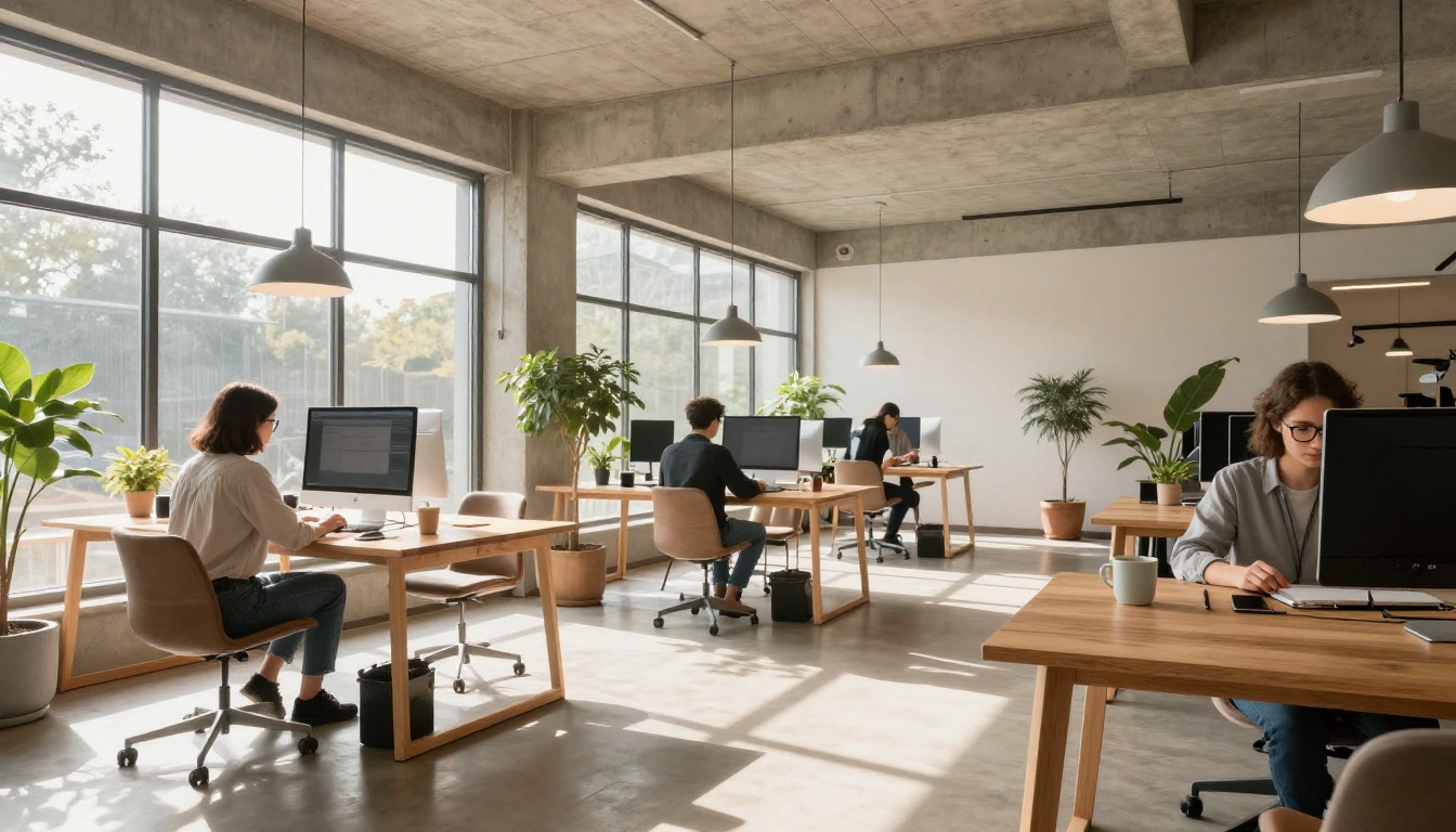A wide shot of a co-working space with people using AI tools