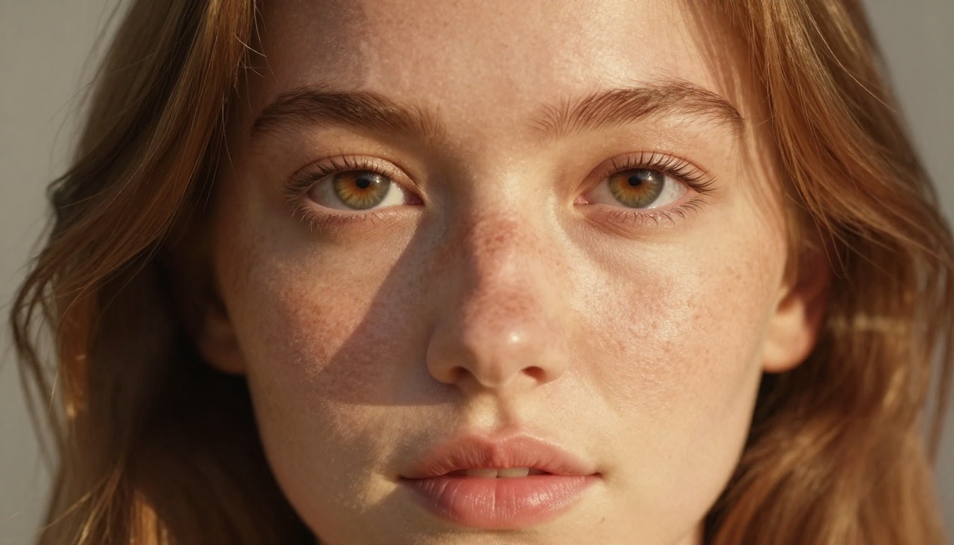 Portrait of a woman with freckled skin and detailed close-up features captured with 85mm lens and Kodak Portra color science