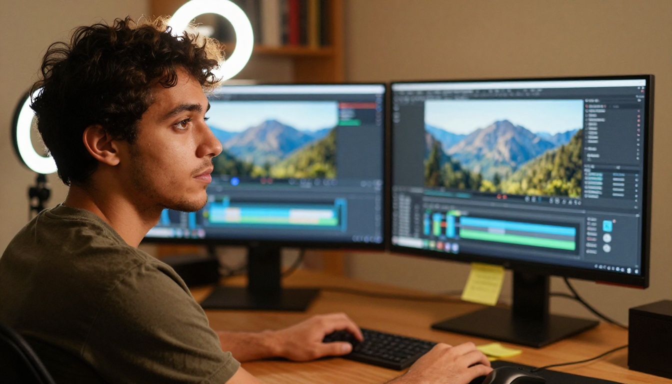 A young man with dual monitors working on AI video projects