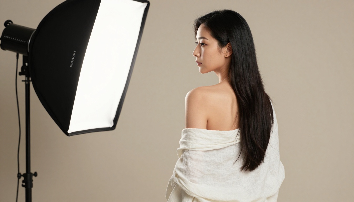 Woman in a white linen editorial wrap in a professional fashion photography studio