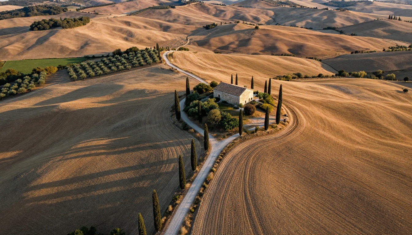 Aerial drone photograph of Tuscany countryside at golden hour showing patchwork fields and cypress rows with Kodak Ektar color profile