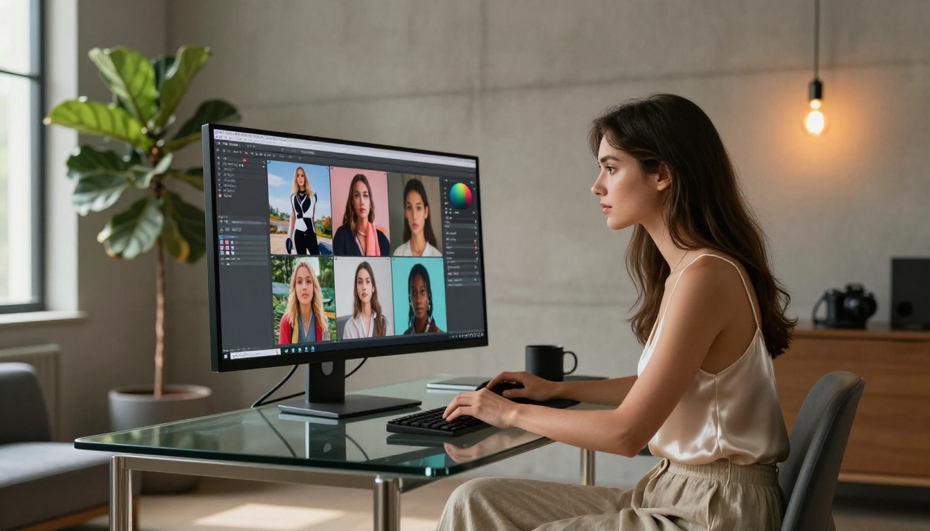 Woman working at AI studio workstation