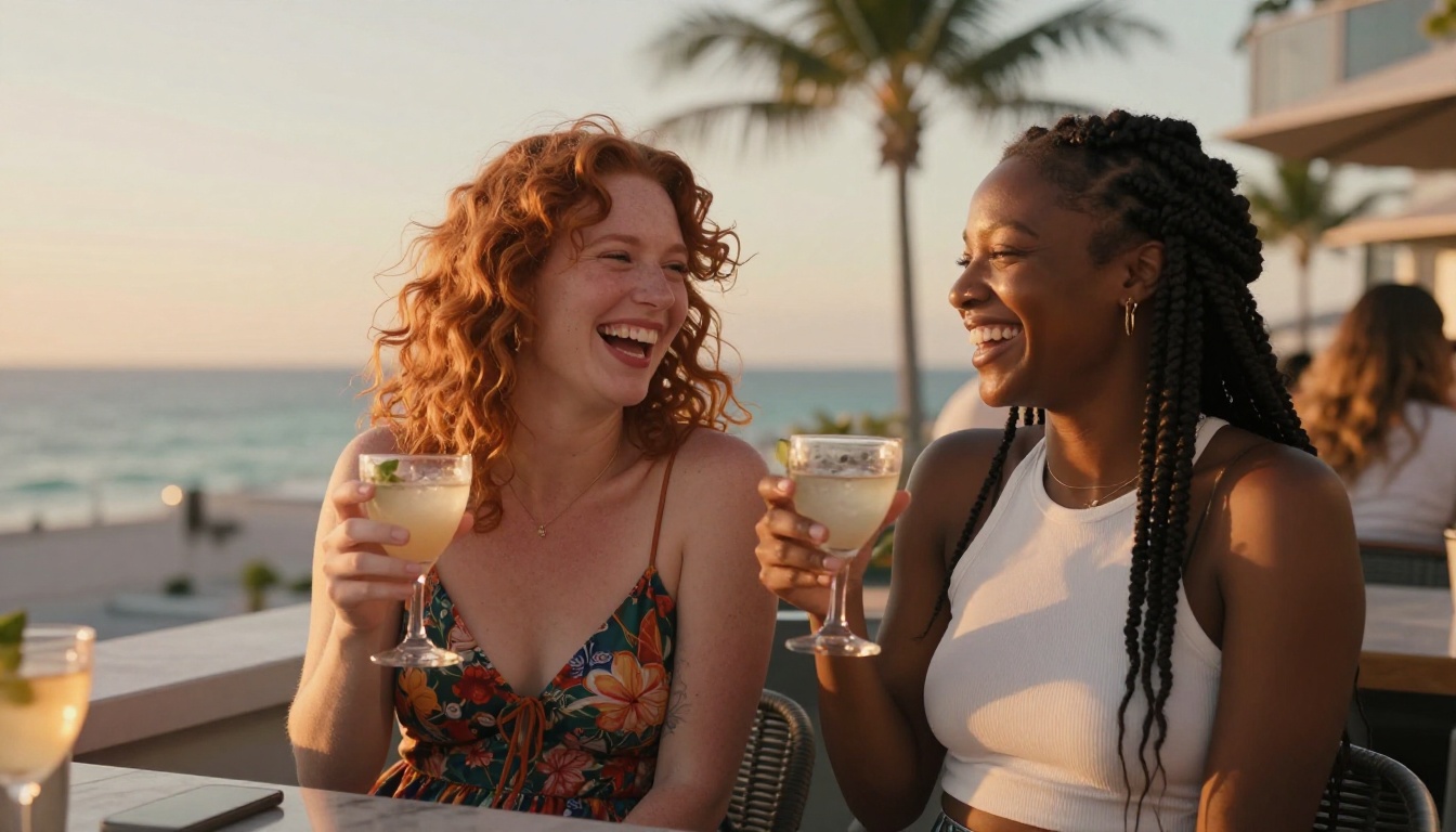 Two women laughing together at a rooftop bar in Miami at sunset