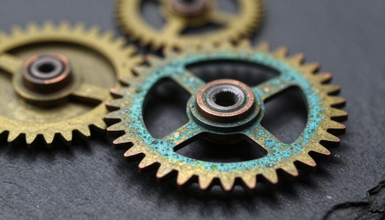 Macro close-up of mechanical watch gears showing extreme texture and micro-detail rendering