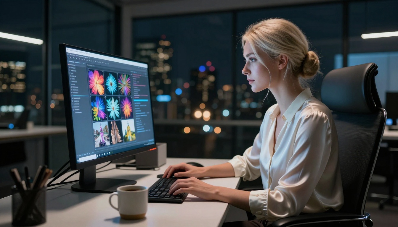 A professional woman at a sleek AI interface desk, high-angle perspective, cinematic lighting, photorealistic 8K
