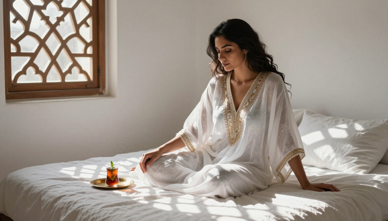 Woman in a sheer kaftan sitting in a Moroccan riad with morning light through an arabesque window