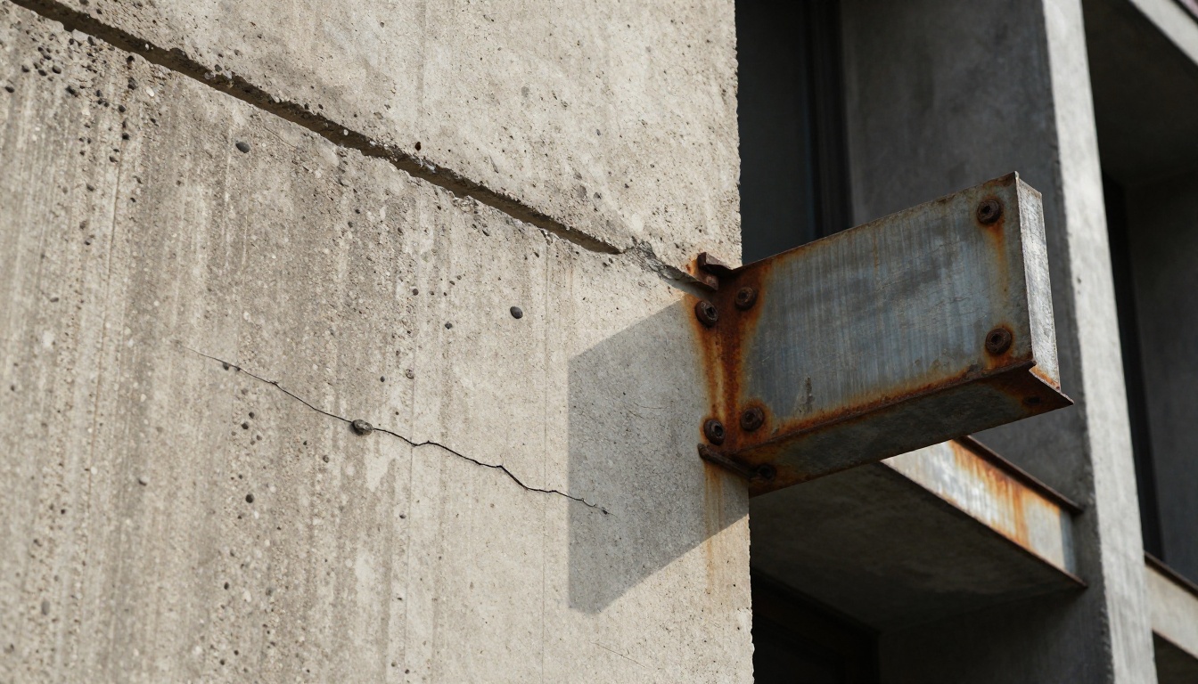 Macro close-up of weathered concrete and steel architectural surface with raking side light exposing texture detail