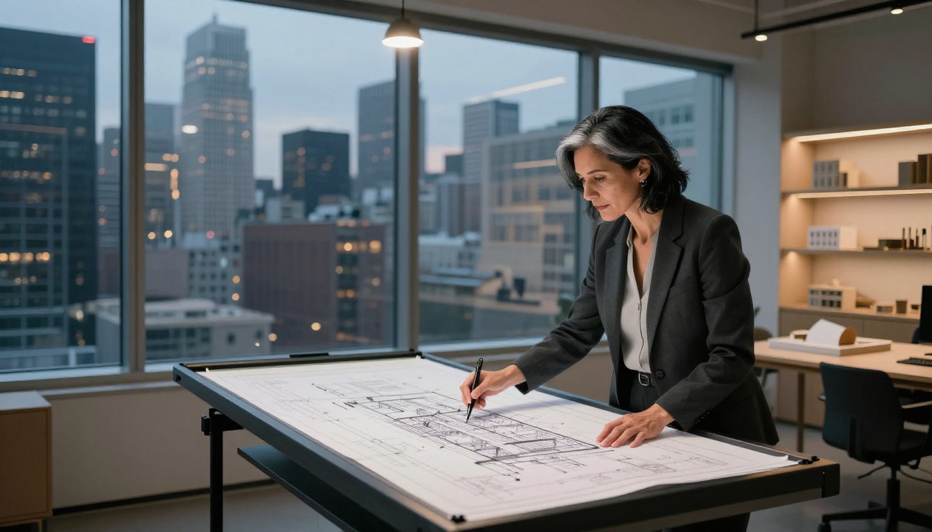 Female architect studying blueprints in a modern design studio at dusk