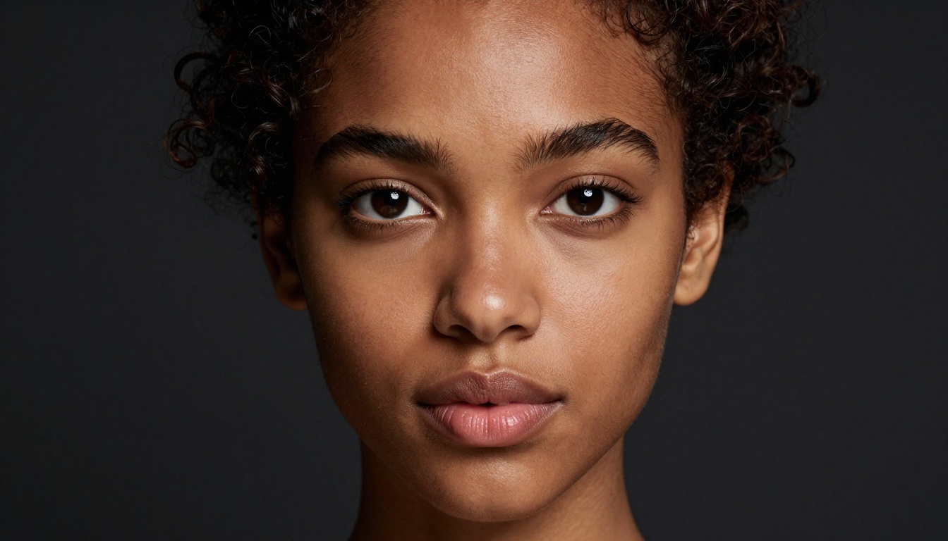 Close-up extreme portrait with Rembrandt lighting, flawless dark skin, medium format photography, Phase One