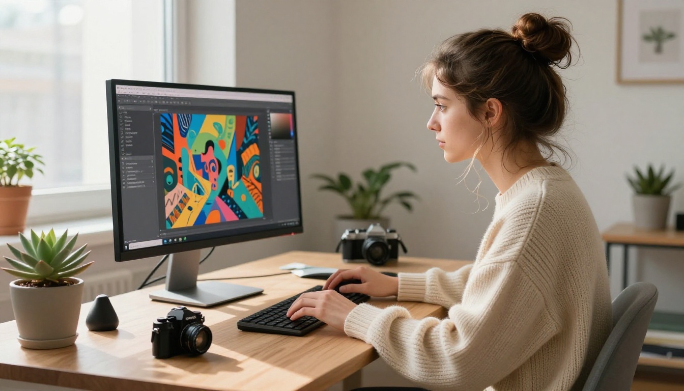 Young creative professional at desk with ultra-wide monitor in Scandinavian home office with diffused window light and knit sweater detail