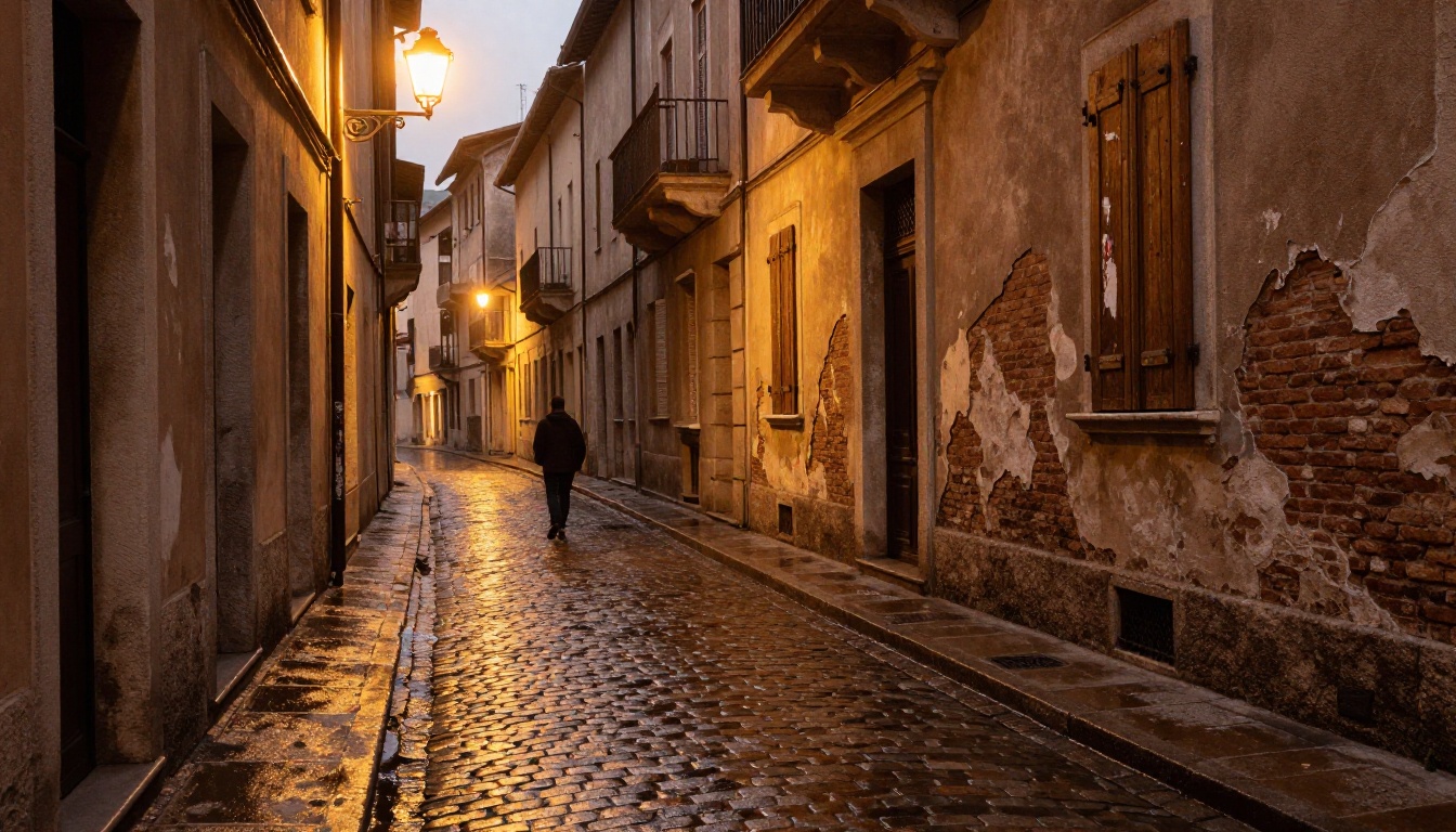 Narrow cobblestone alley in old European city at golden hour with atmospheric haze and wet stone reflections