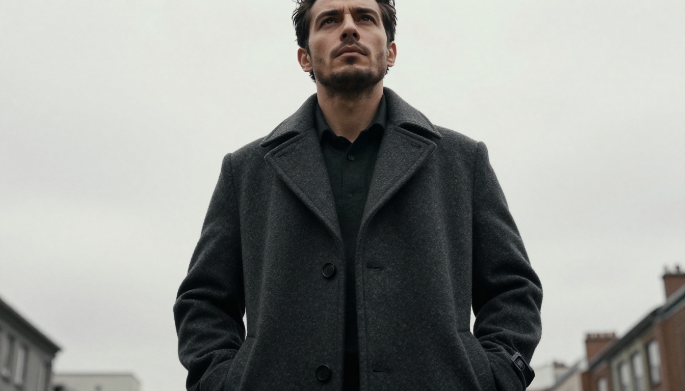 Dramatic low-angle portrait of a confident man in charcoal overcoat against overcast urban sky with 24mm lens perspective