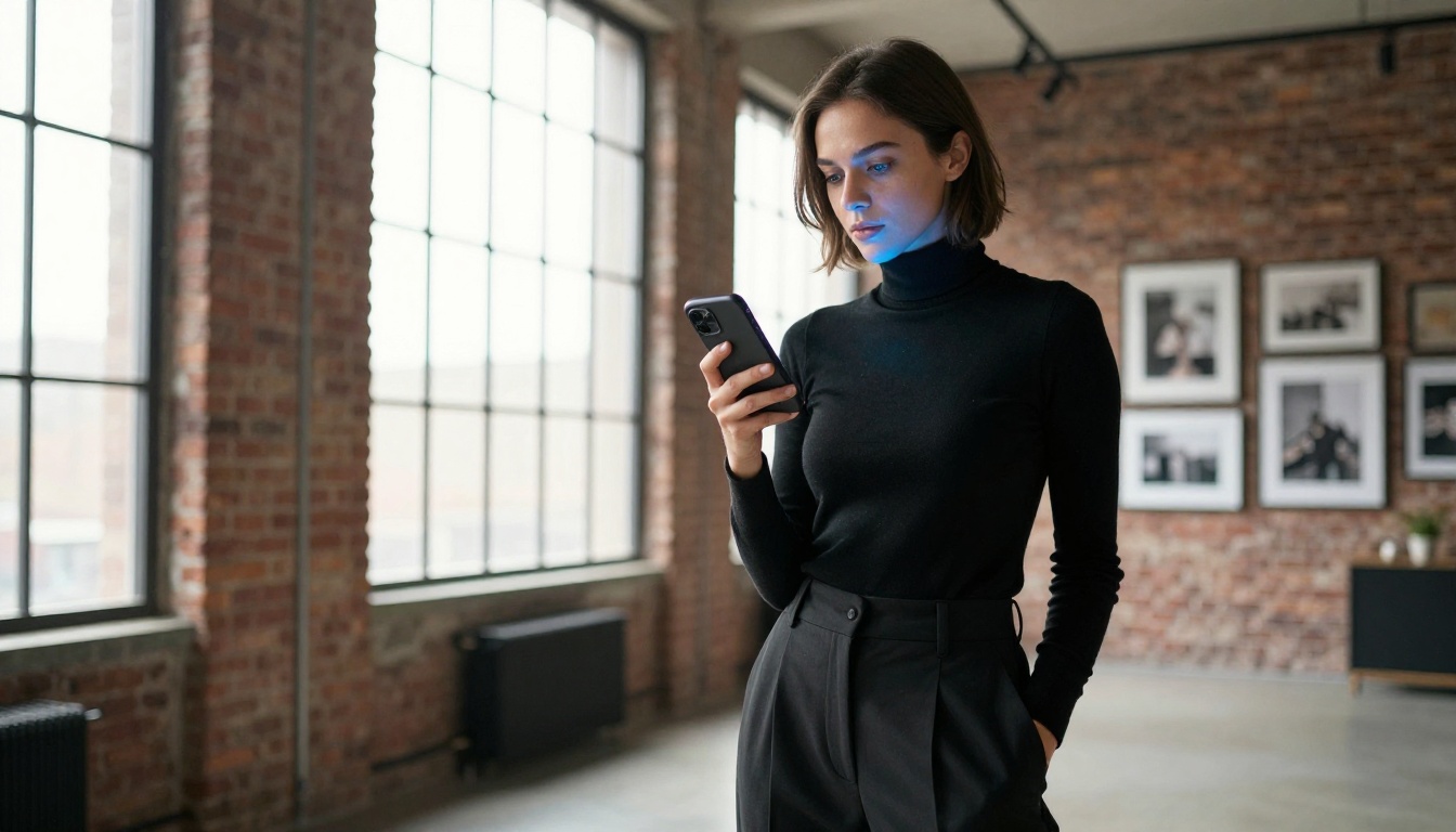 Woman with smartphone in industrial loft
