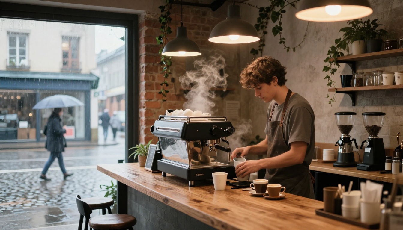 Cozy modern coffee shop interior at early morning demonstrating AI environmental rendering