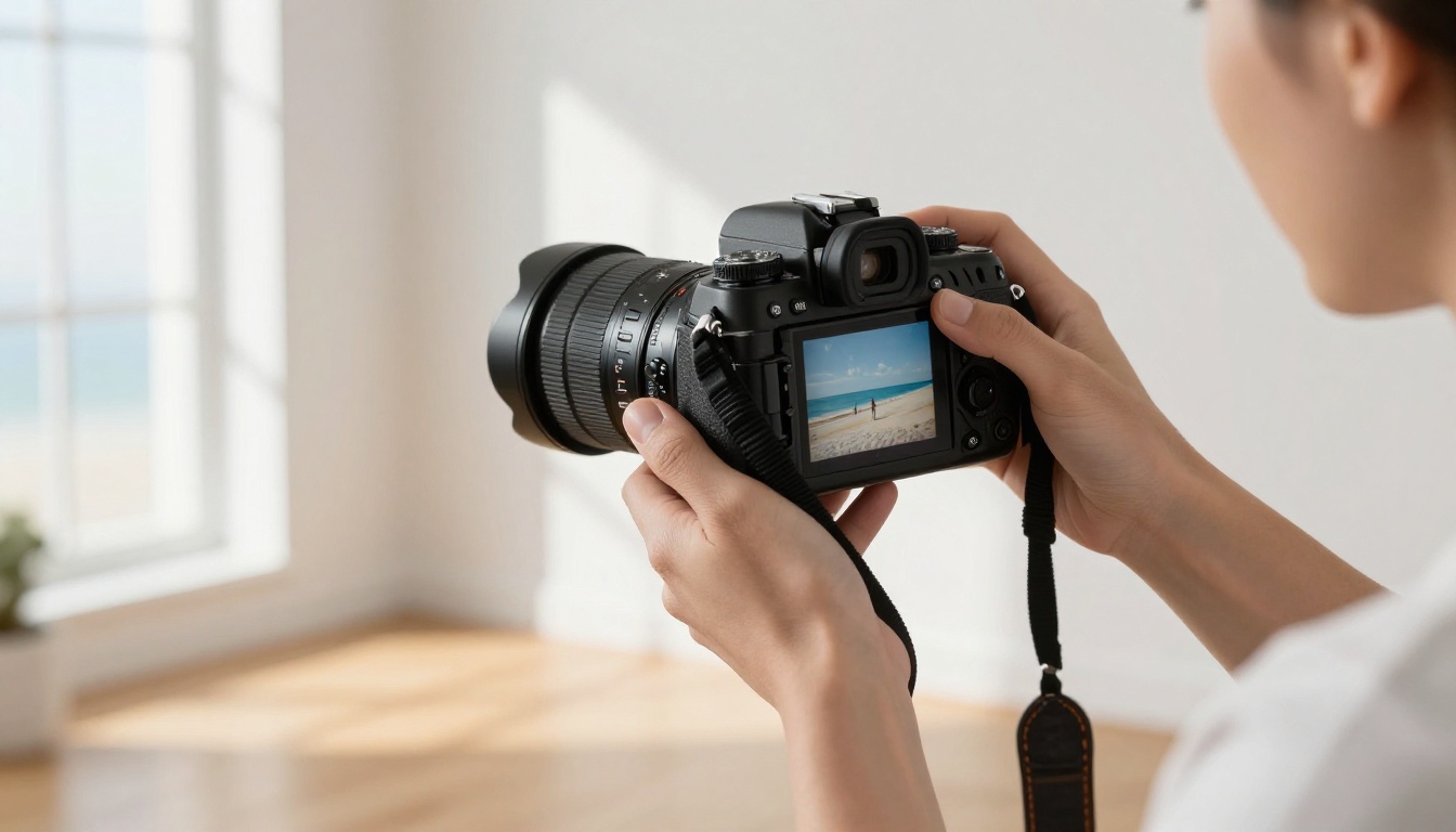 Professional photographer in a bright modern studio reviewing beach images on a DSLR camera with natural window light