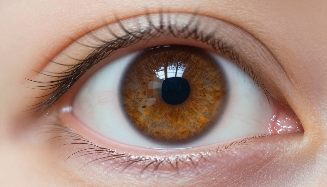 Extreme close-up of a human eye with amber-hazel iris showing detailed crypts and collagen fibers radiating from pupil with side-raking natural light