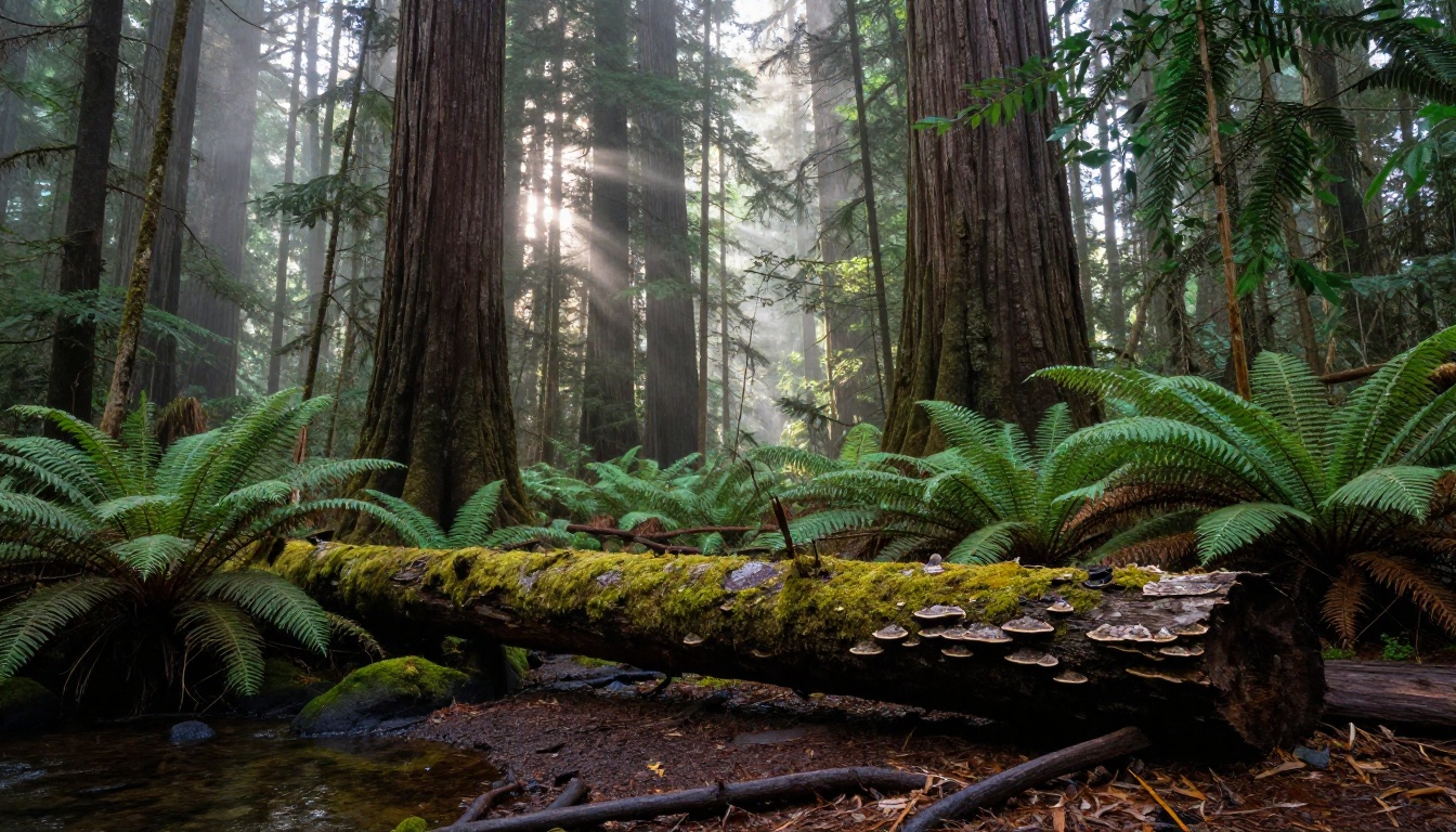 Old-growth Pacific Northwest rainforest with volumetric shafts of morning light filtering through Douglas fir canopy and moss-covered fallen log