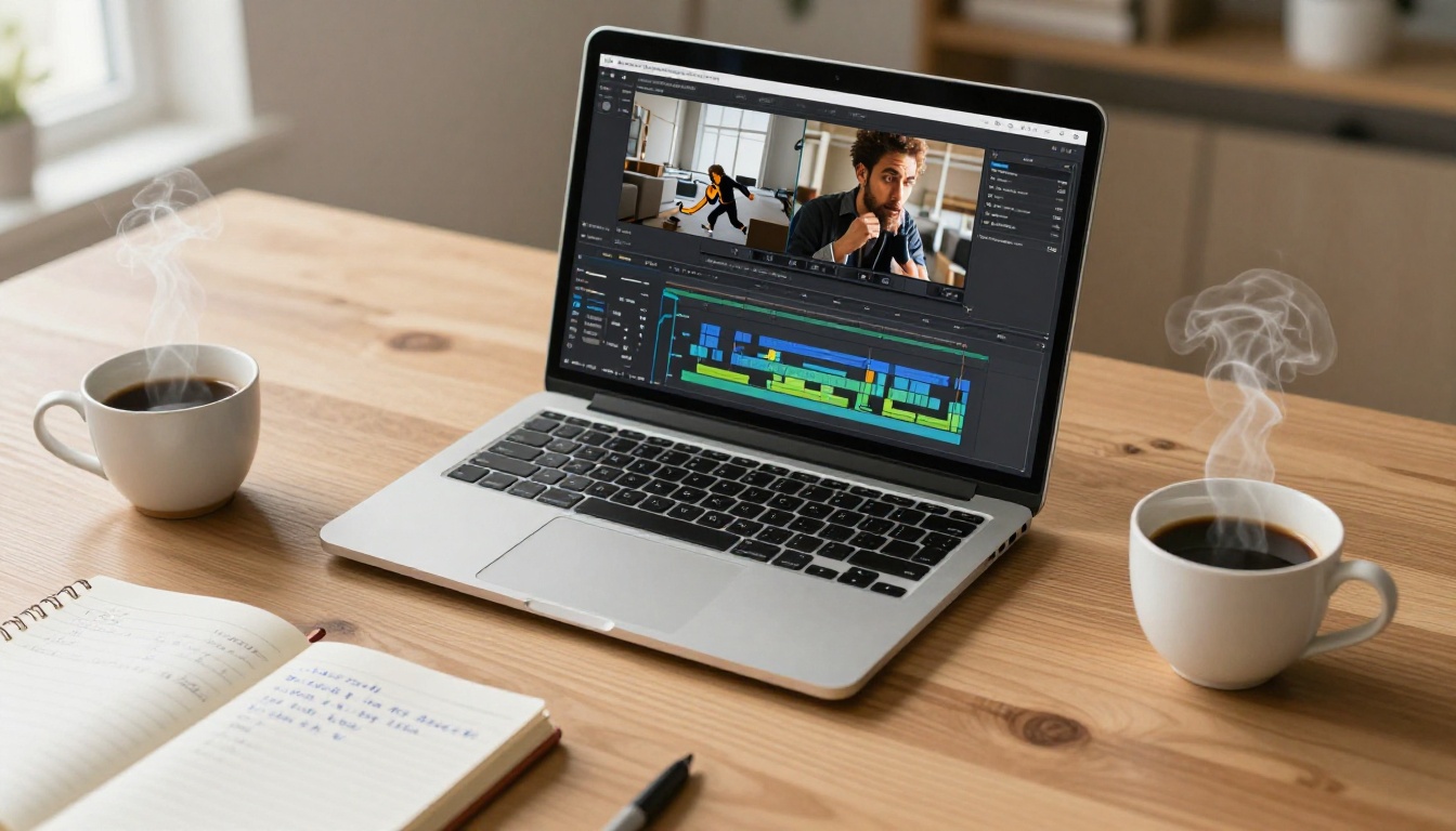 Top-down aerial view of a laptop showing a video editing timeline on a clean wooden desk with coffee and handwritten notebook