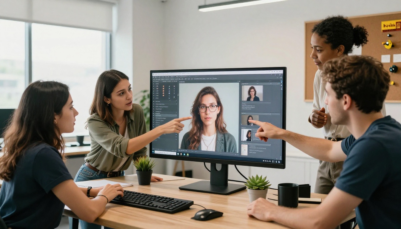 Creative professionals comparing AI image outputs in a modern studio