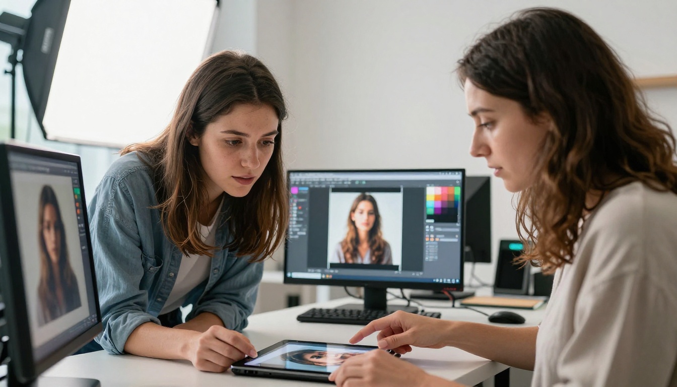 Two women comparing images on tablets in a professional photography studio with color calibration charts and softboxes
