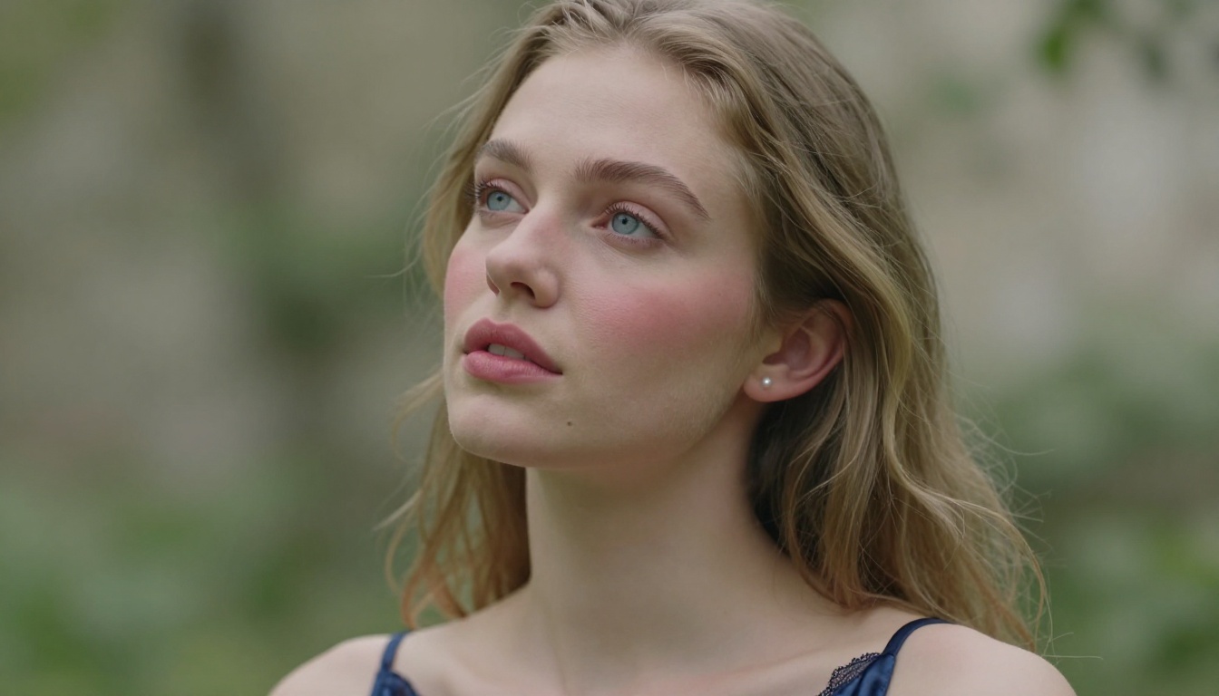 Beauty editorial close-up portrait, pale skin with rosy cheeks, dreamy expression, botanical bokeh background